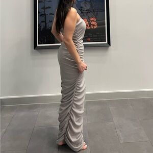 Grey maxi dress with ruched detail on the side